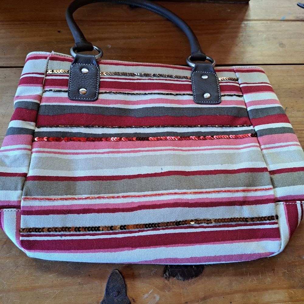 Talbots Canvas Striped Tote Pink Red Sequin Accent Casual Everyday Shoulder Bag